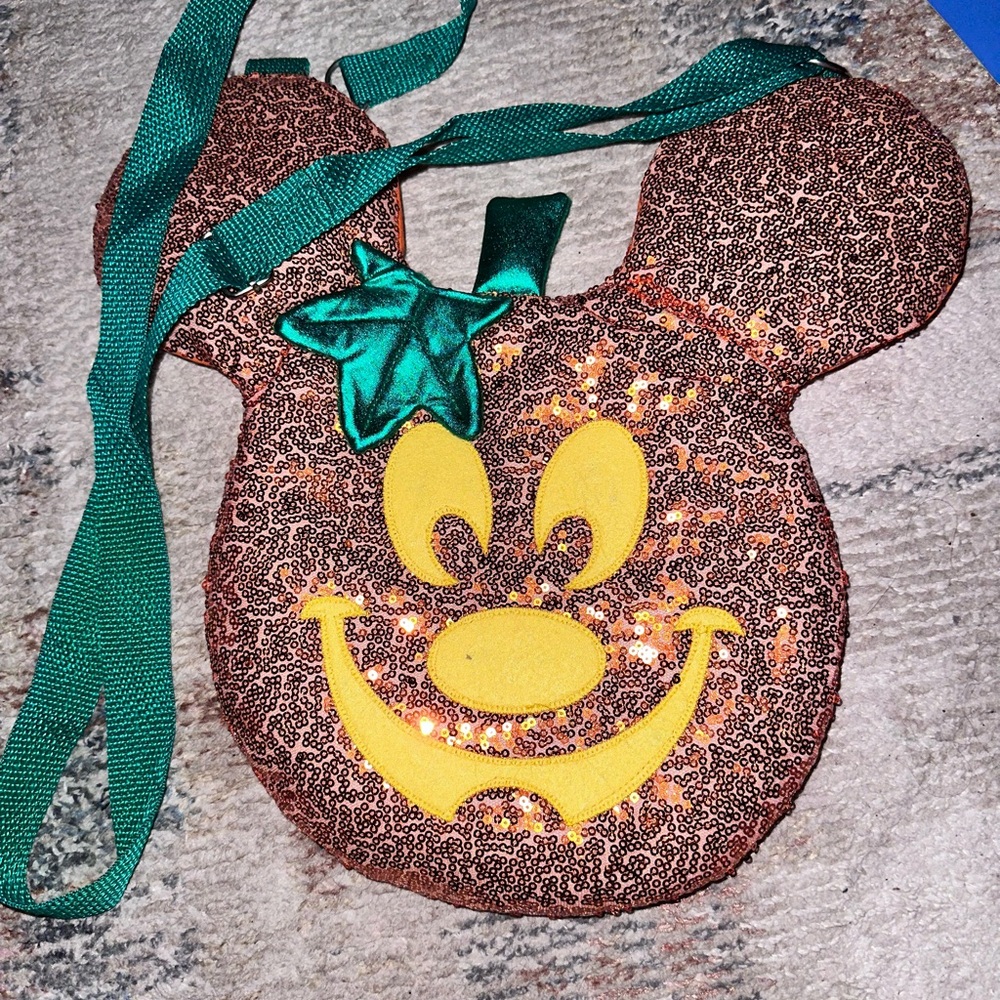Sequin Halloween Pumpkin Mouse Head Bag with Green Strap